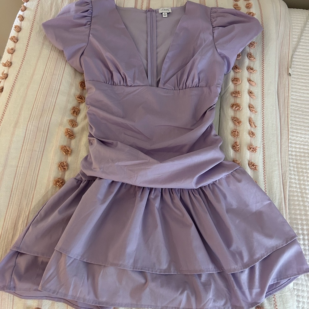 La Hearts Lilac V-Neck Puff Sleeve Tiered Mini Dress